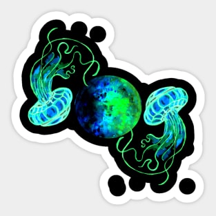 Turquoise Moon and Space Jellyfish Sticker